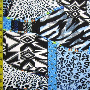 Blue/Black/White Animal Print Patches Collage on Polyester Spandex