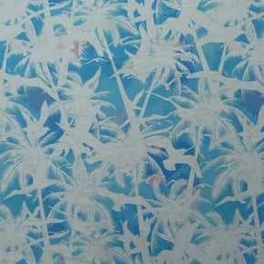 White/Sky Blue Negative Leaf Printed Spandex Fabric