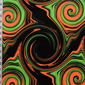  Orange/Green/Black Psychedelic Swirl Print on Polyester Spandex