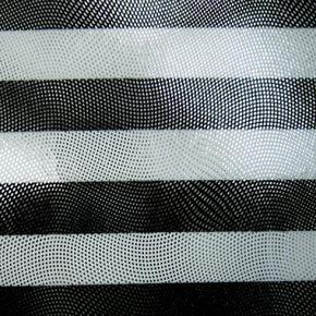  Black/White/Silver Shiny Horizontal Stripes Holographic Metallic Foil on Polyester Spandex