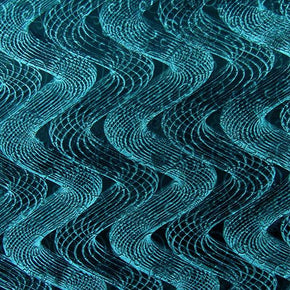 Teal Embossed Wavy Lines Printed Velvet