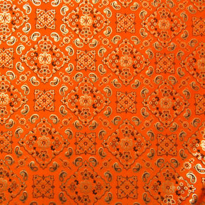 Silver/Orange Bandana Print Foil On Spandex Fabric