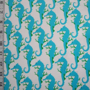  White/Turquoise Seahorse Print on Nylon Spandex