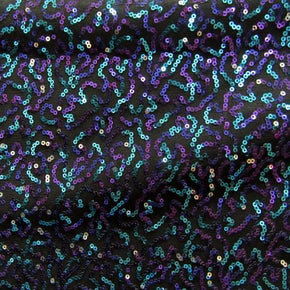  Turquoise/Purple/Black Shiny Fancy Squiggle 2mm Sequins on Stretch Mesh