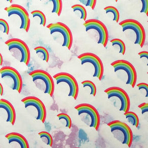 White/Multi Color Rainbows And Clouds Print Fabric