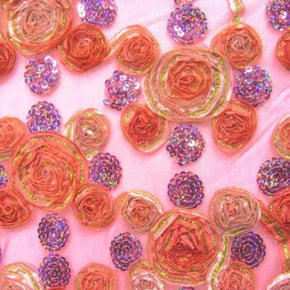  Pink/Gold Embroidery & Floral Holographic Sequins on Stretch Mesh