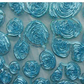  Turquoise Fancy Floral Satin Embroidery & Sequin on Polyester Mesh