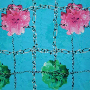 Sky Blue Roses & Chain Print on Polyester Spandex