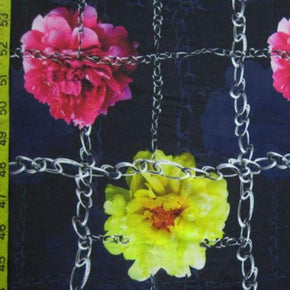 Dark Blue Roses & Chain Print on Polyester Spandex