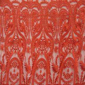 Red Embroidery Lace On Mesh Fabric