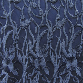 Navy Heavy Embroidery Lace On Mesh With Scalloped Sides Fabric