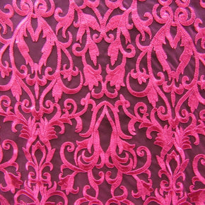 Fuchsia Heavy Embroidery Lace On Mesh With Scalloped Sides Fabric