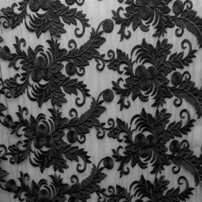 Black Heavy Embroidery Lace On Mesh With Scalloped Sides Fabric