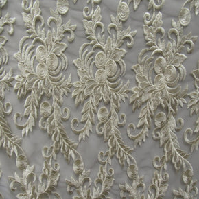Ivory Heavy Embroidery Lace On Mesh With Scalloped Sides Fabric