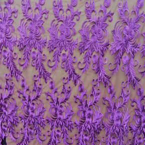 Purple Heavy Embroidery Lace On Mesh With Scalloped Sides Fabric