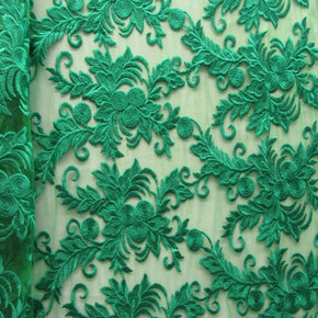 Green Heavy Embroidery Lace On Mesh With Scalloped Sides Fabric