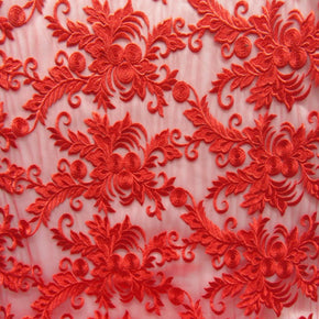 Red Heavy Embroidery Lace On Mesh With Scalloped Sides Fabric