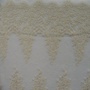 Ivory Heavy Embroidery Flower On Mesh  With 9" Scalloped Borders  Fabric
