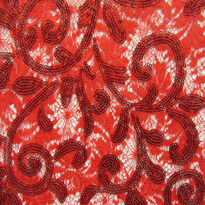 Red Sequin Lace On Mesh Fabric