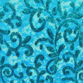 Turquoise Sequin Lace On Mesh Fabric