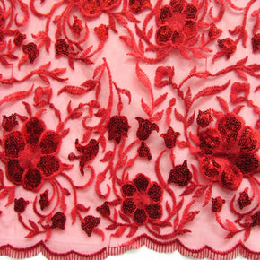 Red Sequin Lace On Mesh Fabric